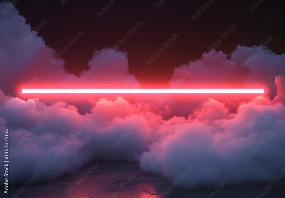 Poster neon pink line glowing through dramatic clouds in a dark atmospheric setting for abstract background