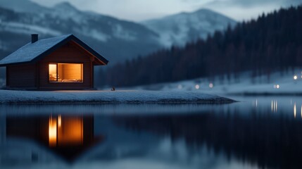 Fototapeta premium Tranquil Lake Cabin at Dusk with Warm Glow Reflecting in Water and Scenic Mountain Background