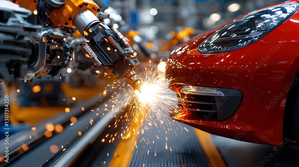 Aufkleber precision engineering and automation at work in a high tech car manufacturing plant with synchronize
