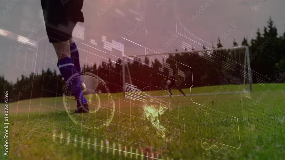 Poster soccer players on field with digital data processing animation overlay