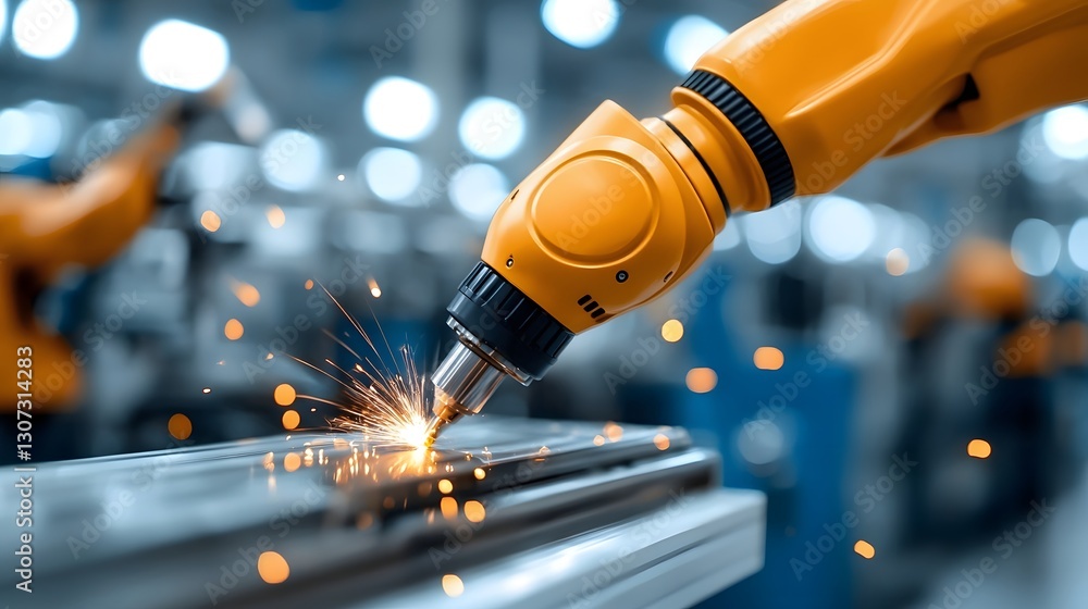 Aufkleber precision robotic welding in an automotive production plant with sparks flying as machines work in p