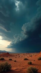 Fototapeta premium Dark storm clouds above a vast desert landscape, isolation, solitude