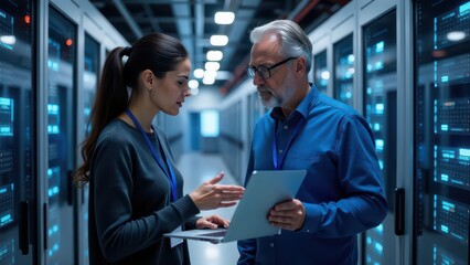 Fototapeta premium A man and a woman looking at a laptop in a server room