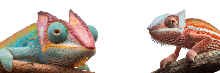 Isolated on a white background is a Panther chameleon, an animal that is yellow and blue in color