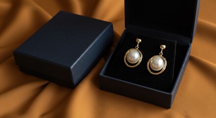 Luxury gold and pearl earrings nestled in a dark blue gift box. The earrings feature a simple, elegant design. A second empty box is nearby.