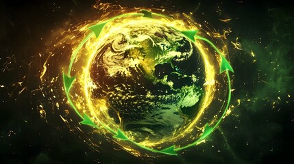 Obraz premium representation of environmental preservation and sustainability with glowing green arrows looping around a vibrant illuminated Earth against a cosmic surreal background