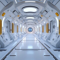 Obraz premium Futuristic Spaceship Corridor - Clean, modern spaceship hallway with white walls, yellow accents, and a glowing portal at the end. Ideal for sci-fi, technology, and futuristic concepts