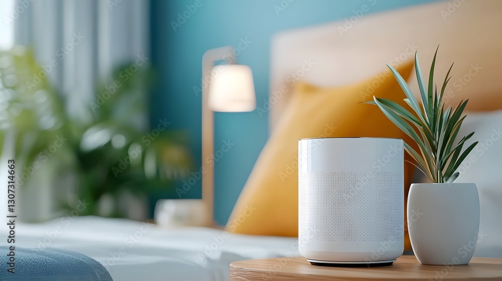 Aufkleber showcasing a futuristic bedroom ambiance optimized by a self learning system featuring holographic c