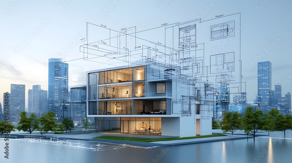 Poster sleek architectural high rise building design visualization with detailed 3d blueprint and engineeri