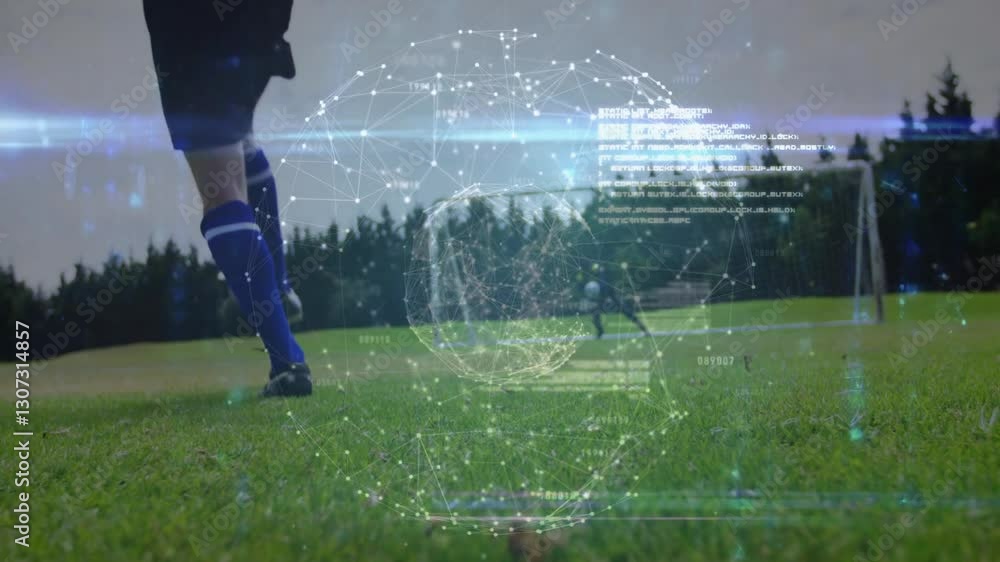 Poster Soccer player running on field with digital data network animation overlay