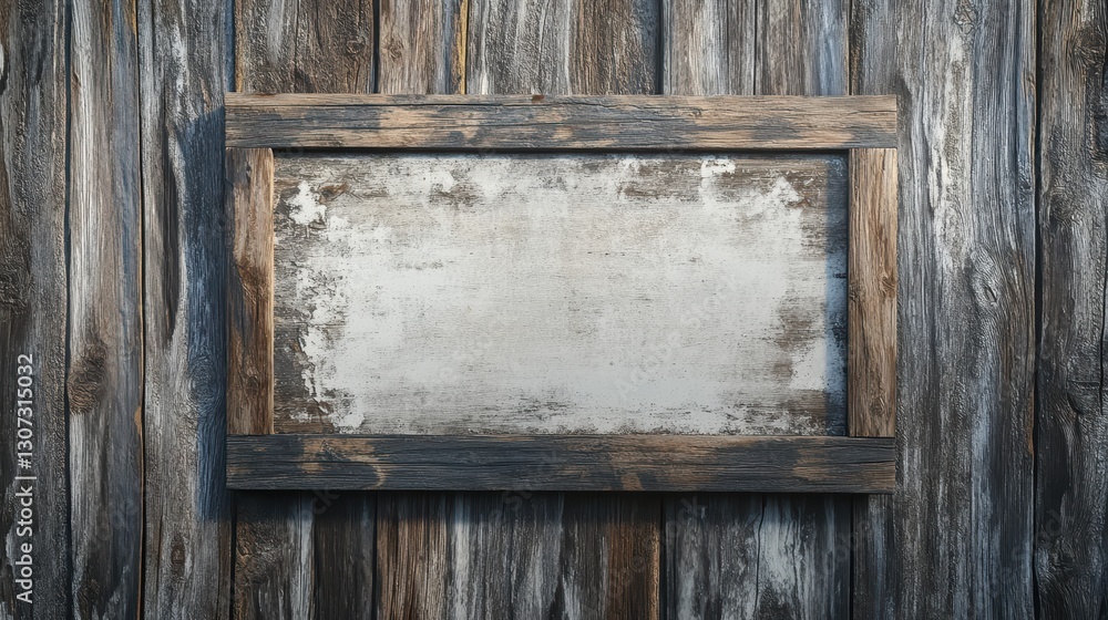 Poster rustic wooden frame with blank canvas on weathered wooden background for creative display of artwork