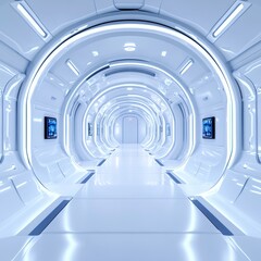 Obraz premium Futuristic White Corridor - A long, bright white corridor with glowing lights and screens, futuristic design, clean and sterile