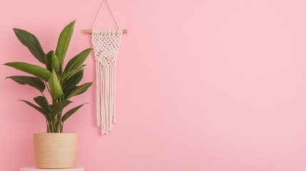Indoor plant in a stylish pot next to a macramé wall hanging on a pastel pink wall