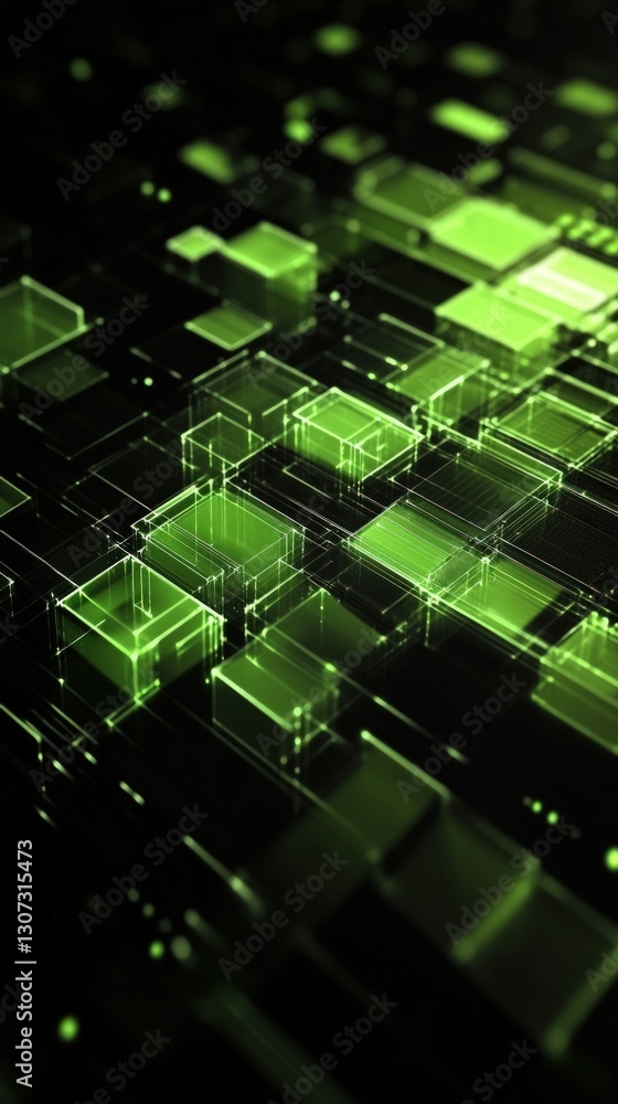 Poster abstract digital composition of glowing green cubes on dark background with modern cyber tech aesthe