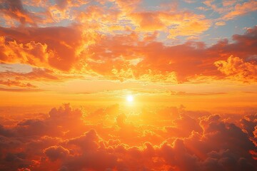 Naklejka premium Dreamy sunset sky with glowing orange and red clouds illuminated by sunlight