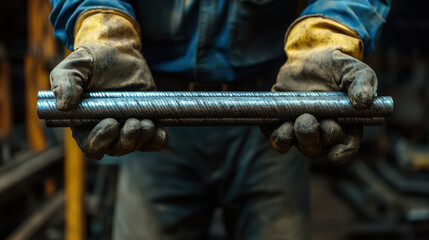 Worker showcases two steel bar products while standing in a manufacturing plant during daytime operations