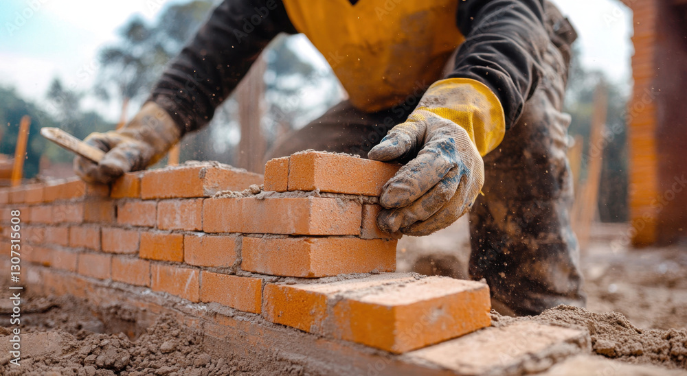 Poster construction worker focuses on laying bricks neatly in a structured manner while preparing for the n