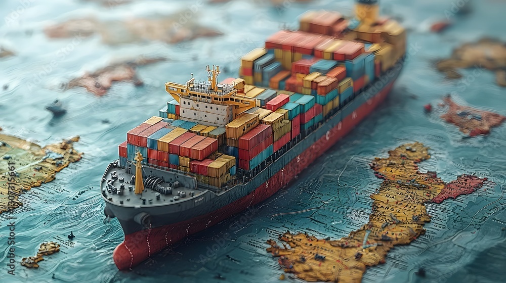 Aufkleber tiny model cargo ships carrying miniature containers navigating through an old maritime chart showca