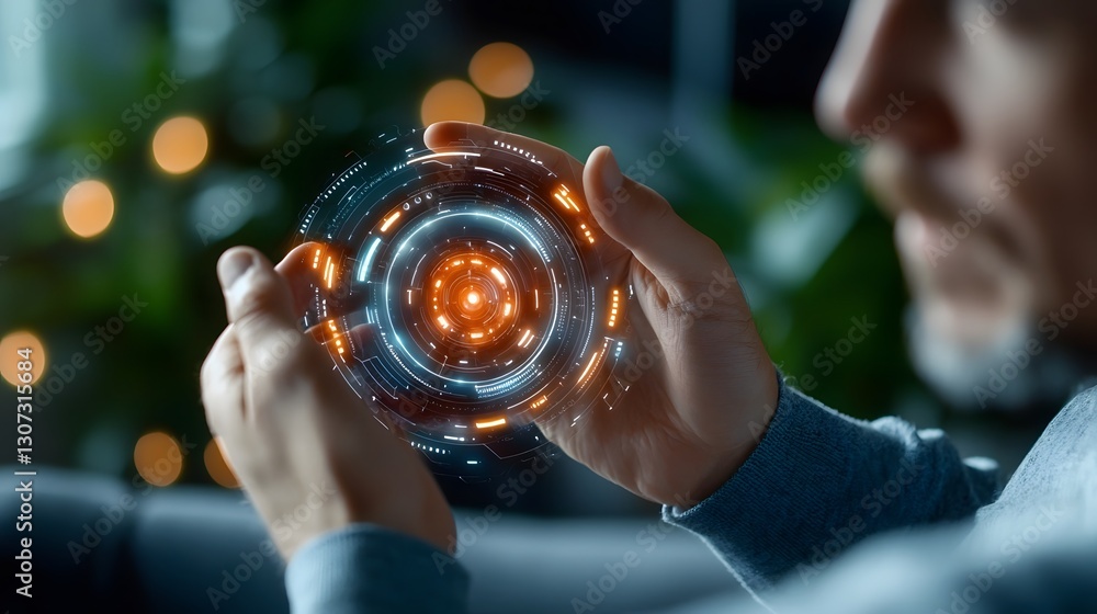 Poster top view of a futuristic smart digital living room featuring an ai driven holographic dashboard that