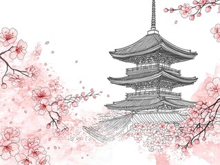 Monochrome Japanese pagoda and cherry blossoms, classic ink wash painting