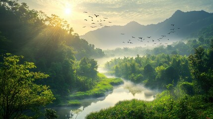 hyper detailed, FHD, raw photo, ultra realistic photo. A serene landscape offering a sense of deep calm and healing, featuring a misty, green forest 