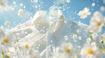 hyper-realistic image of a detergent ad showing particles of soap like spiral going through and around a white shirt. showing how clean it makes 