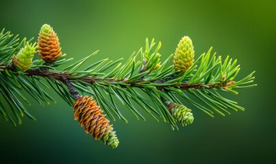 Fir Tree Branch with Young Cones and Green Needles Macro