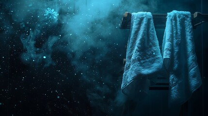 Cosmic Serenity: Towels Drying in an Ethereal Blue Bathroom