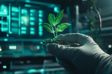 Scientist holding seedling in lab with digital interface
