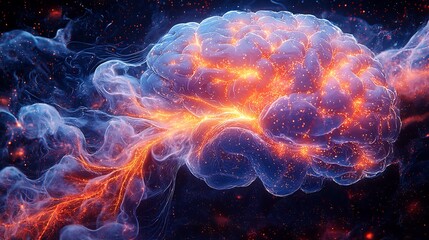 Fototapeta premium Brain illuminated with neon colors waves of energy pulsing through neural pathways representing the release of neurotransmitters during stimulant use in vivid electric hues