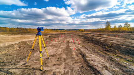 A surveying instrument is positioned on a yellow tripod in a cleared area. Bright orange markers are placed along the dirt pathway