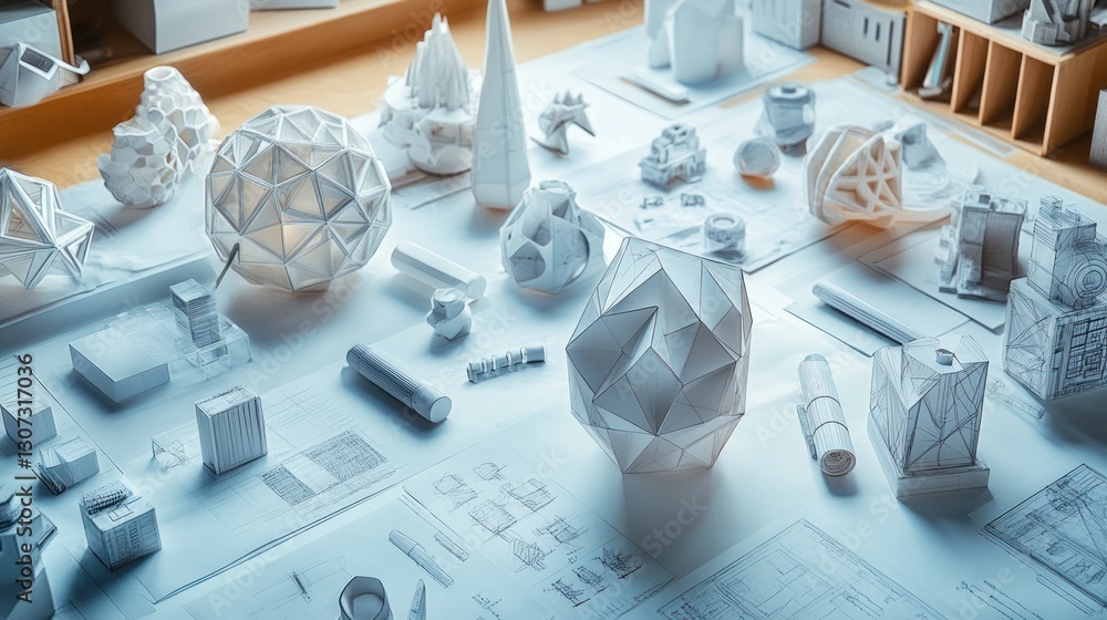 Aufkleber white 3d printed models and blueprints on a table.