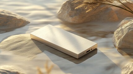 A minimalist power bank rests on smooth stones beside soft textures, illuminated by gentle light in a serene environment.