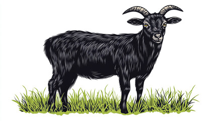 A black goat standing on grass, a simple vector illustration