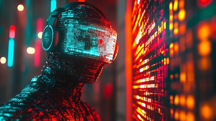 A futuristic humanoid robot wearing glowing virtual reality headset headphones