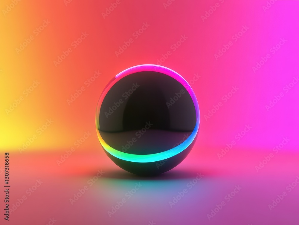 Poster smooth black sphere with colorful neon light reflection against a vibrant gradient backdrop showcasi