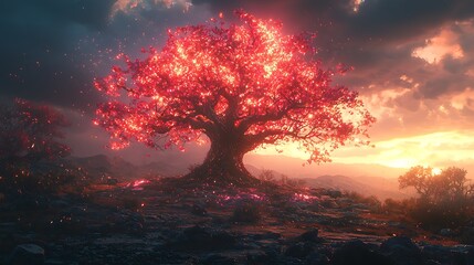 Naklejka premium Radiant Red Tree Glowing in a Dreamlike Landscape at Sunset