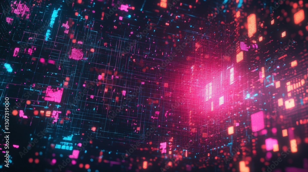 Aufkleber abstract digital data visualization with neon pink and cyan lights representing information flow