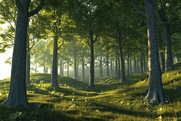 Naklejka premium Sunlight filters through trees in a peaceful forest during the early morning hours