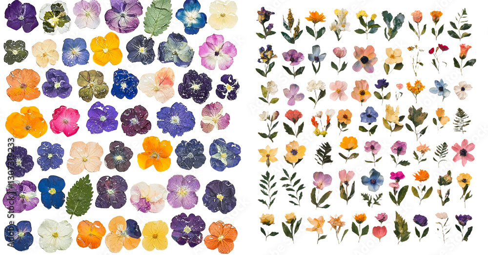 Poster a pattern made from a flat, pressed, and dried flower is isolated on a white background