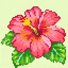 Fototapeta premium Pixel art hibiscus flower with vibrant pink petals on a light green background for cross stitch pattern