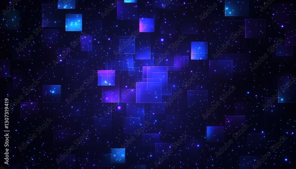Poster Abstract Digital Design With Floating Blue And Purple Glowing Squares And Particles Against Dark Background