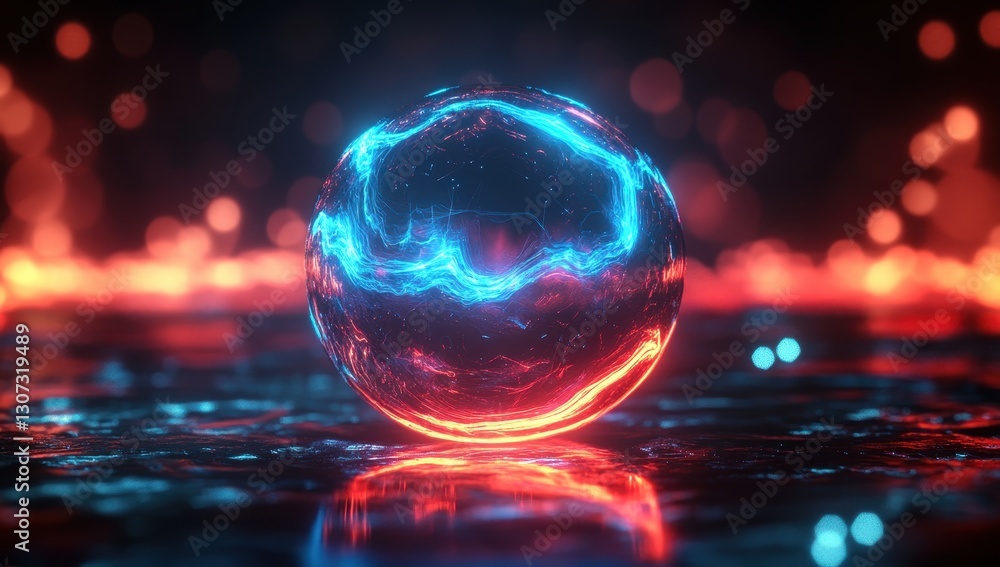 Poster stunning glowing sphere with blue and red neon light reflections floating on water, creating a mesme
