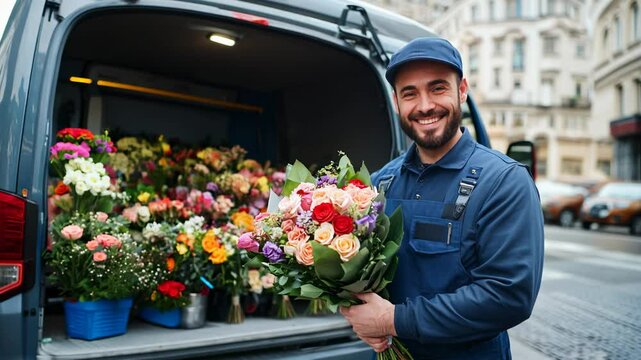 Smiling flower delivery man holding bouquet standing near van loaded with colorful fresh flowers in city