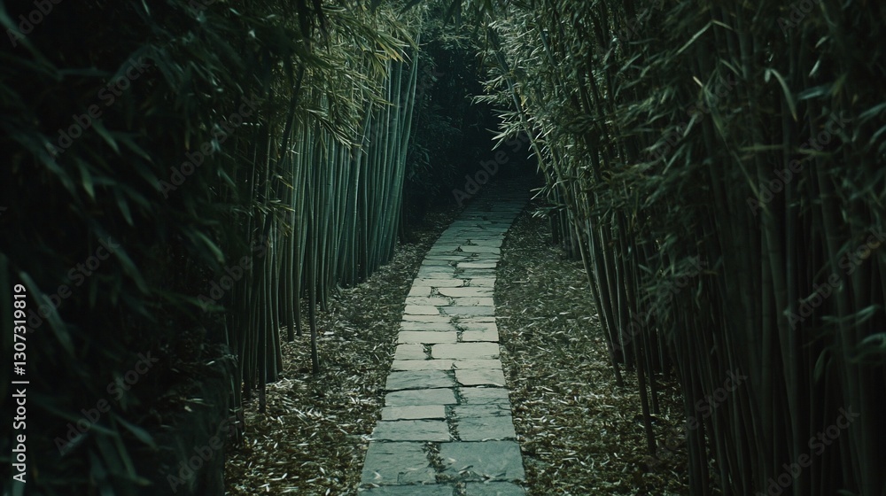 Poster stone path winding through a dense bamboo forest, creating a mysterious and serene atmosphere.