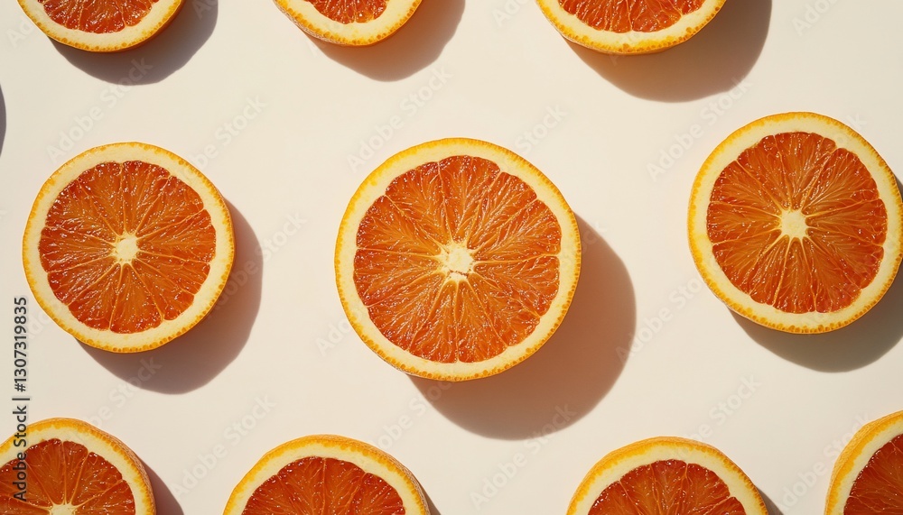 Poster flat lay of vibrant orange slices arranged in a repeating pattern on a light beige background.