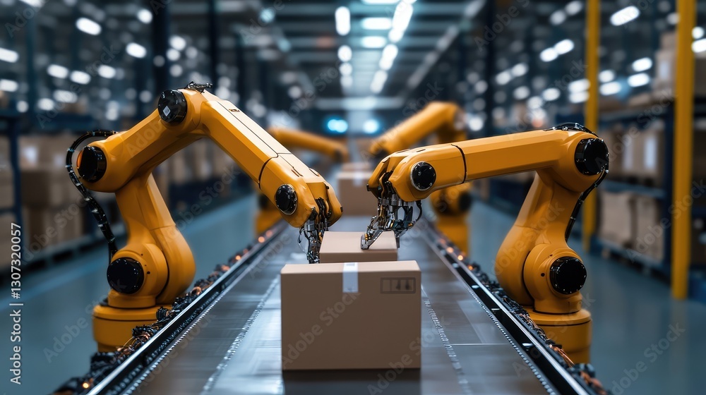 Poster warehouse automation with robotic arms sorting and stacking products efficiently.