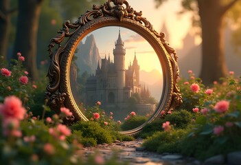 Obraz premium Magic portal surrounded by flowers in forest 
