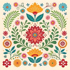Vector set of traditional Mexican folk ornaments with symmetrical pattern of colorful flowers and leaves on light background. Floral motifs. Flat designs for textile printing, decor, packaging, cards
