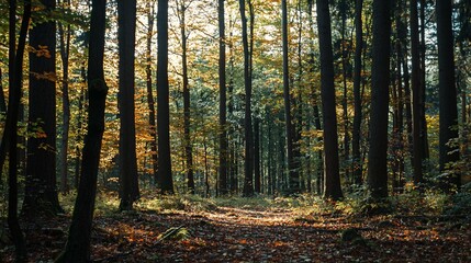 Fototapeta premium Sunlit pathway winds through the colorful dense forest trees